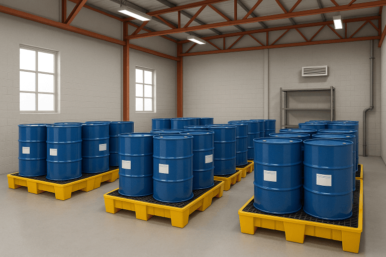 بشکه‌ها روی پالت‌های پلاستیکی